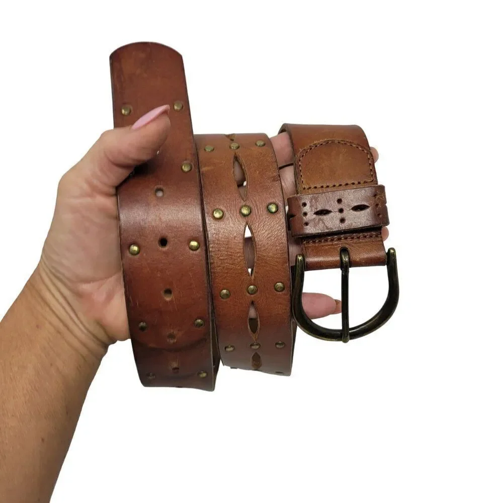 AEO Genuine Leather Brown‎ Belt M Perforated Studded Boho Country Cowgirl